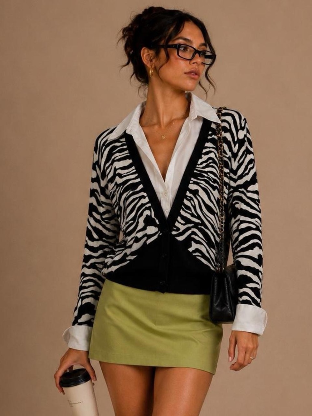 INC International Concepts Black & White Zebra V-Neck Button Cardigan